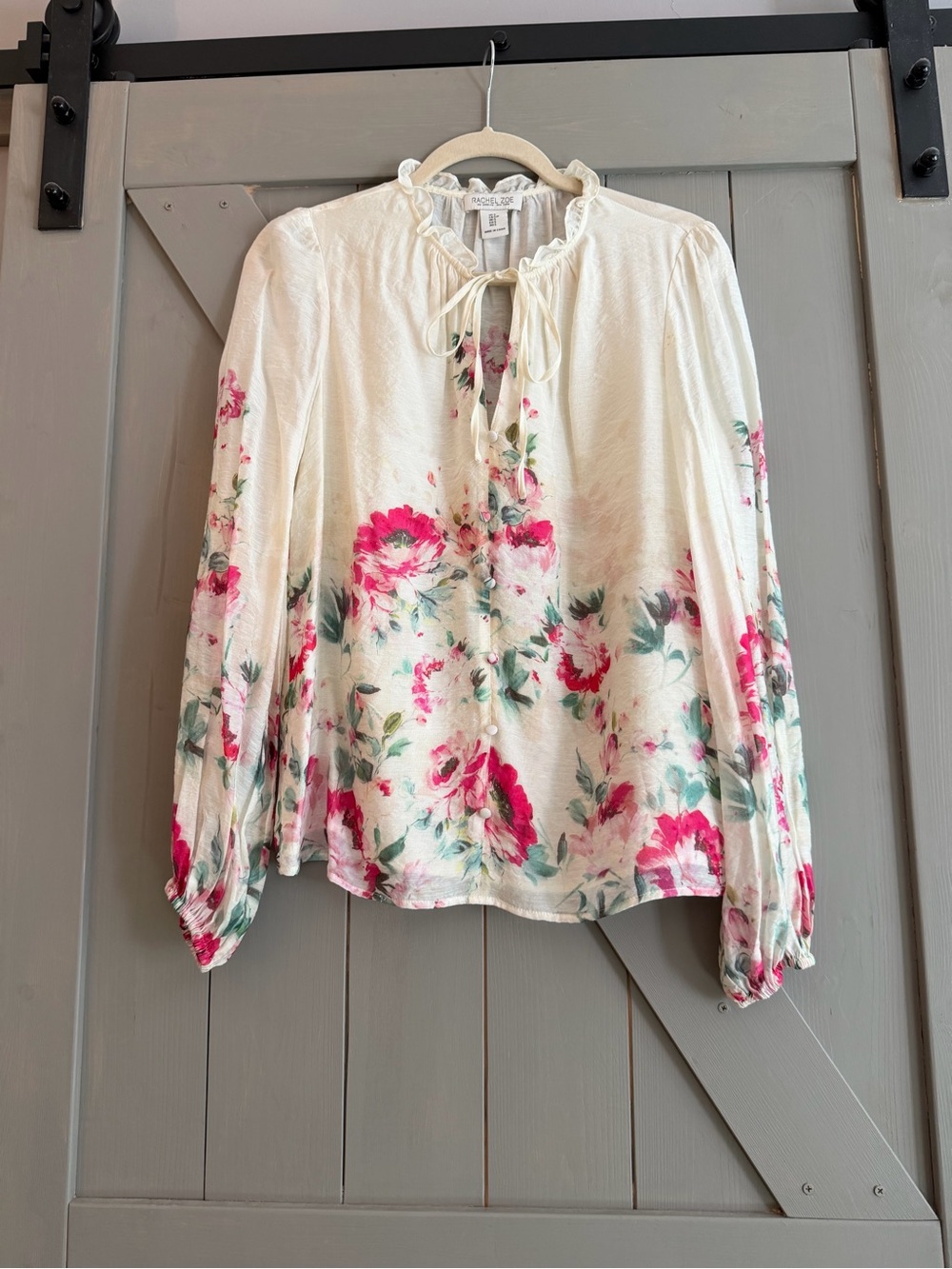 Rachel Zoe Ivory Peasant Blouse with Pink Floral Print